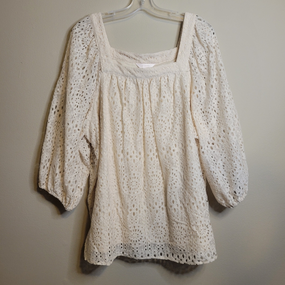 2X IVORY CREAM EYELET BOHO LACE 3/4 SLEEVE BOHO PEASANT STYLE BLOUSE TOP LAUREN